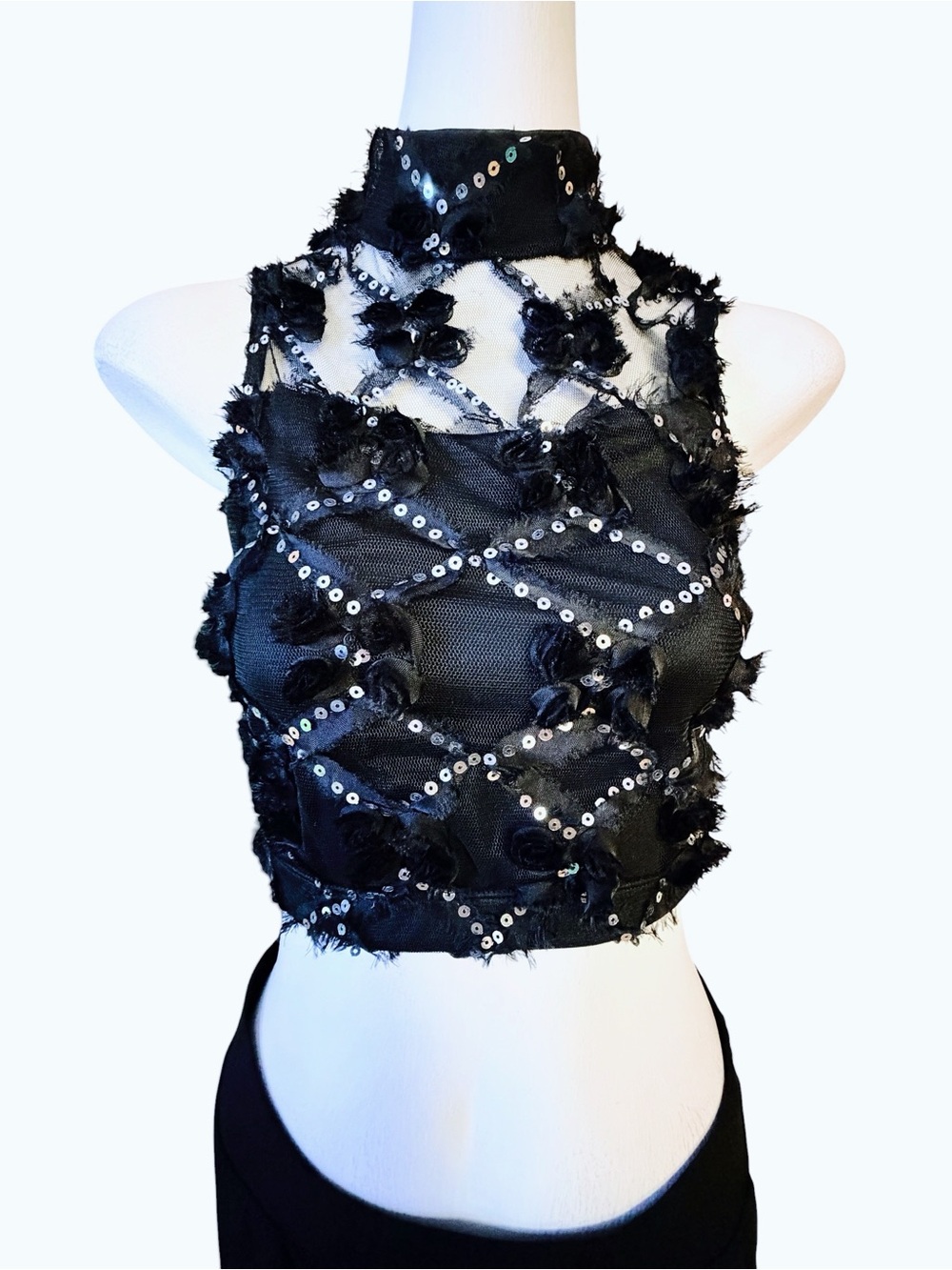 Baleaf Black Sequin & 3D Floral Mesh Mock Neck Crop Top Size M
